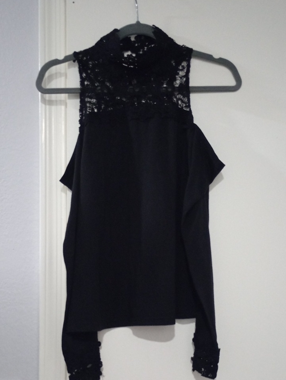 Black Lace Yoke Cold-Shoulder Blouse - Women